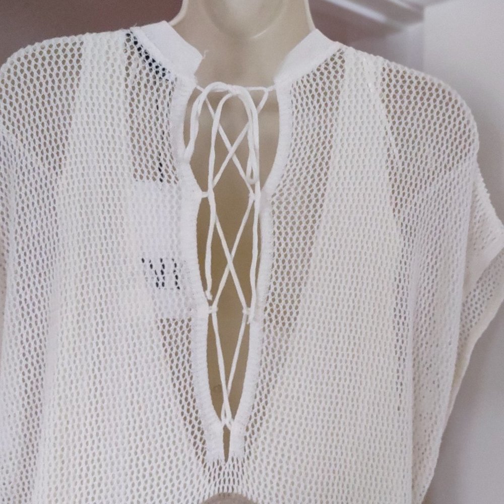 ZARA Womens Stripped Knit Mesh Dress Tunic Tie Back - SMALL - Picture 9 of 10